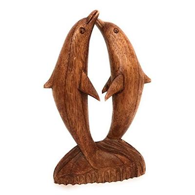Tikimaster Kissing Dolphins Jumping 8" Stained - Hand Carved | #dag0220