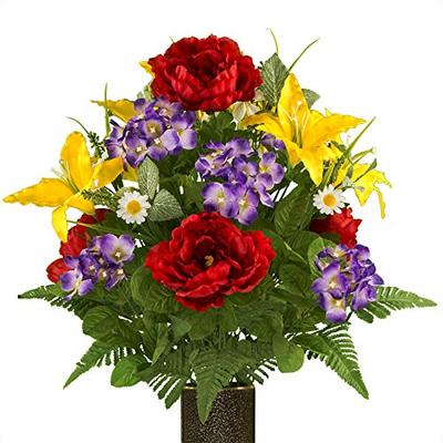 Ruby's Silk Flowers Purple Hydrangea Red Peony and Yellow Lilies, featuring the Stay-In-The-Vase Des