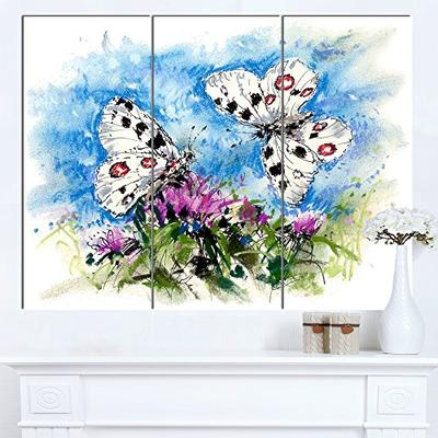 Design Art Apollo Butterflies Illustration on Blue Floral Canvas Artwork 36x28-3 Panels