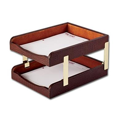 Dacasso Crocodile Embossed Leather Double Letter Trays, Brown (A2020)
