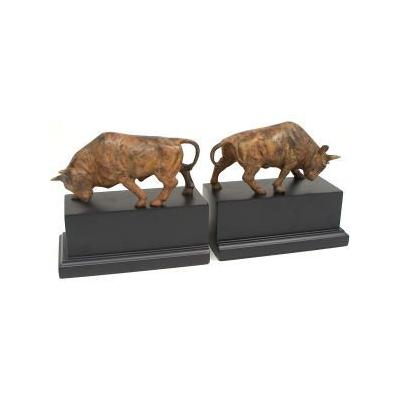 Bey-Berk R19K Brass Double Bull Bookends with Flamed Patina Finish on Black Wood Base,