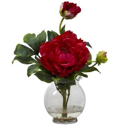 Nearly Natural 1278-RD Peony with Fluted Vase Silk Flower Arrangement, Red