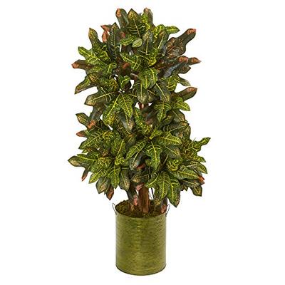 Nearly Natural 3.5' Croton Artificial Plant in Green Tin Planter