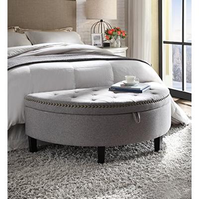 Iconic Home Jacqueline Tufted Grey Soft Brushed Linen Half Moon Storage Ottoman with Gold Nail Head