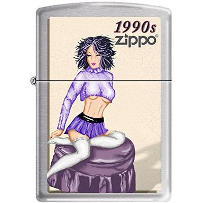 Zippo Windy Vintage Nose Art Blue Top Pinup 1990 Era Satin Chrome Lighter