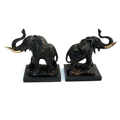 Bey-Berk R18P Cast Metal Elephant Bookends with Bronzed Finish on Black Marble Base,