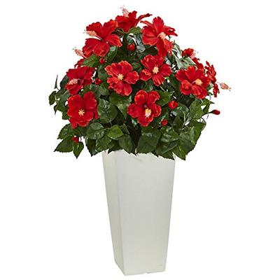 Nearly Natural Hibiscus Artificial Plant in White Tower Planter Red