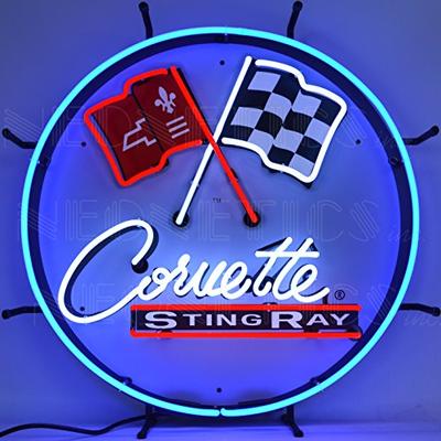 Neonetics Corvette C2 Stingray 1963-1967 Round Sign with Backing, Red White and Blue Hand Blown Real