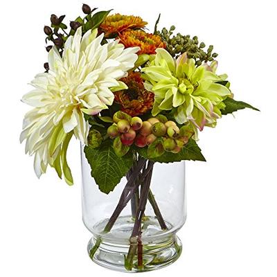 Nearly Natural 4588 Mixed Dahlia and Mum with Glass Vase